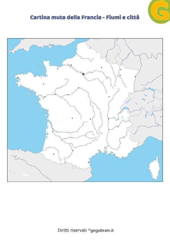 cartina muta della Francia con fiumi e città