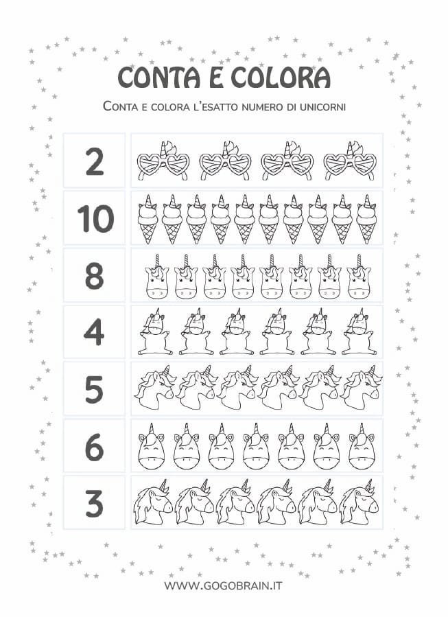 Conta gli unicorni per bambini della scuola dell'nfanzia