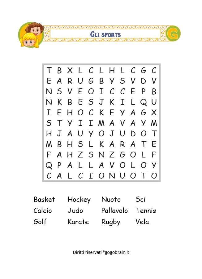 Wordsearch con i nomi degli sport più popolari