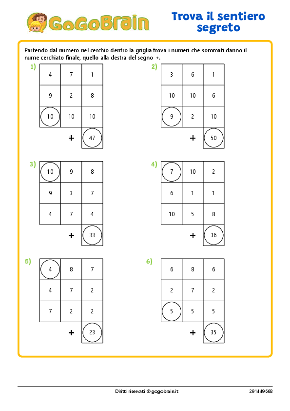Esercizi sulle addizioni sentiero segreto
