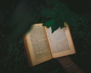 crop female holding old book in dark park