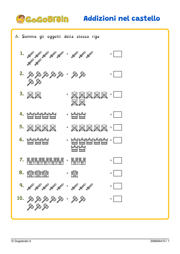 Esercizio di addizioni per la prima classe della primaria