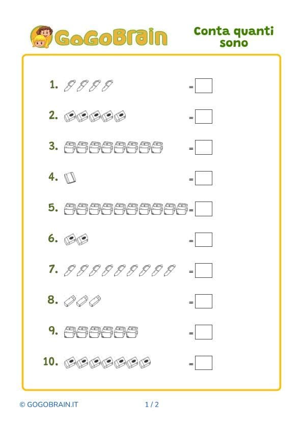 Esercizio per il conteggio con oggetti di cartoleria