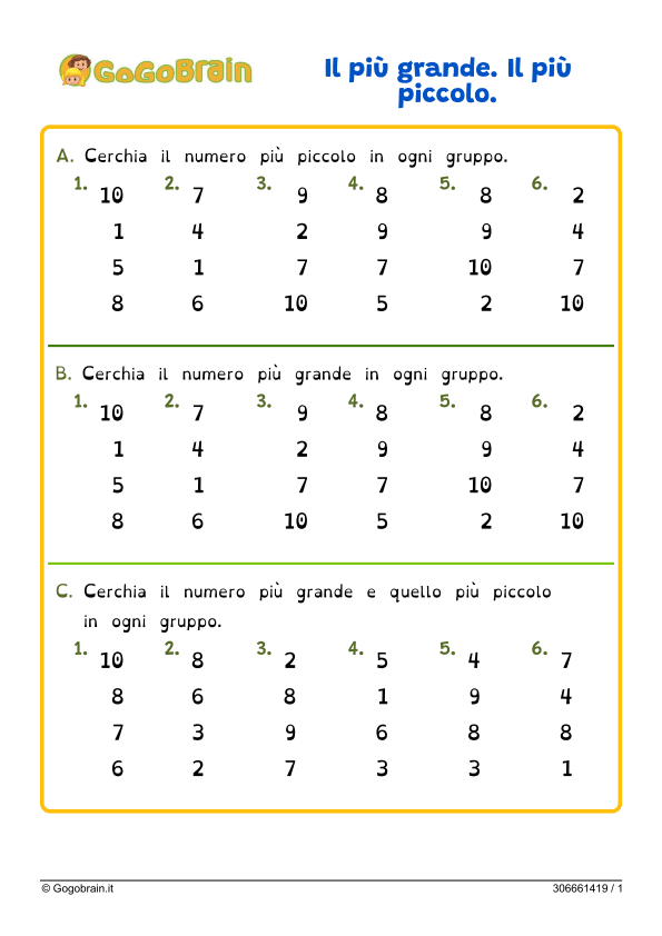 Esercizio per la primaria sui numeri più grandi e più piccoli
