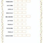 Scheda didattica per bambini sulla divisione in sillabe. Contiene le parole Pomodoro, Zucchina, Cipolla, Broccolo e altre verdure.