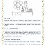 Disegno da colorare di Marie Curie nel suo laboratorio con un microscopio e un atomo.