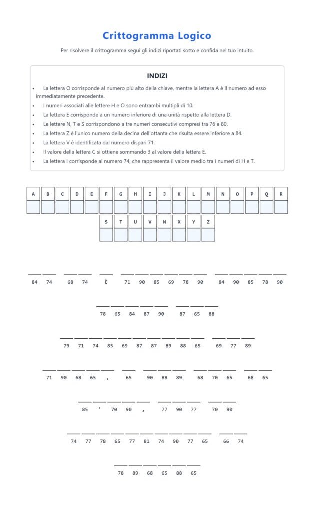 Interfaccia di un Crittogramma Logico su GoGoBrain con una griglia di lettere da decifrare e suggerimenti per scoprire una potente citazione di Madeleine Albright.