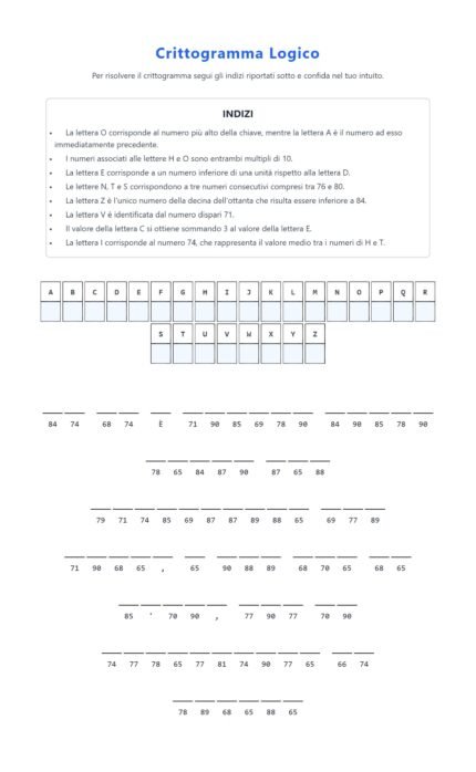 Interfaccia di un Crittogramma Logico su GoGoBrain con una griglia di lettere da decifrare e suggerimenti per scoprire una potente citazione di Madeleine Albright.