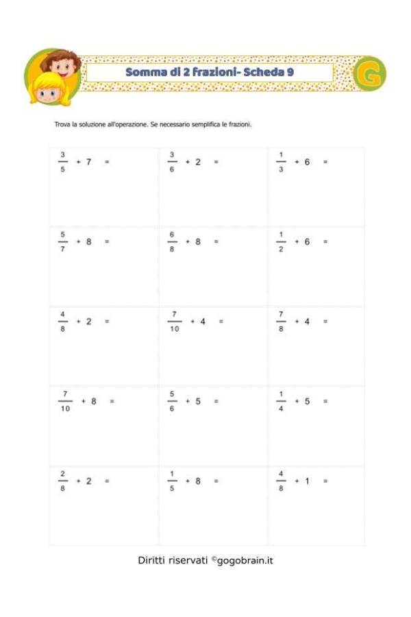 Somma di 2 frazioni - Scheda 9