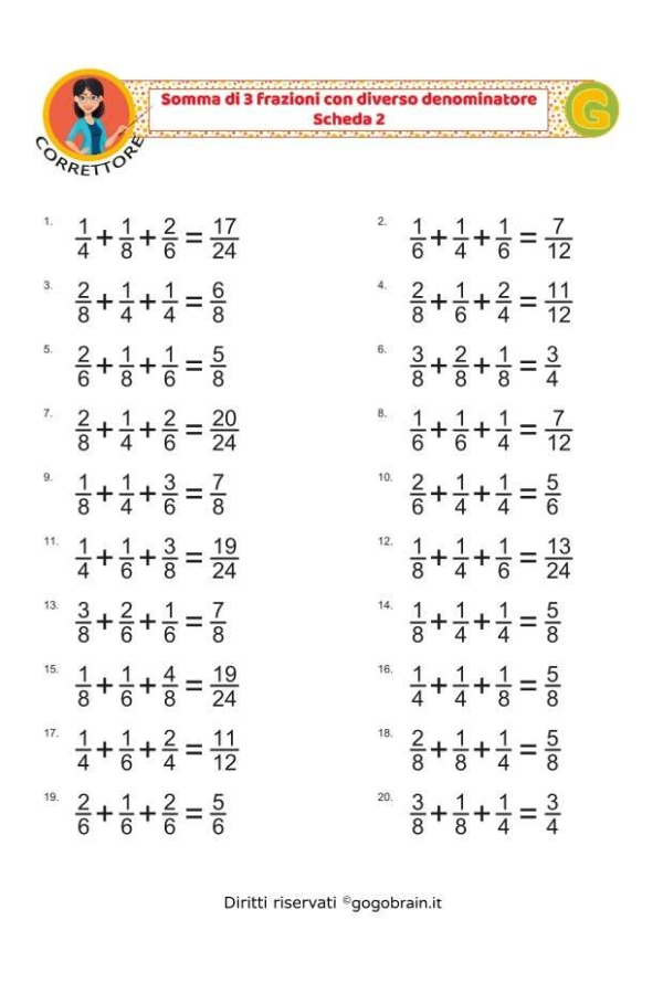 Somma di 3 frazioni con denominatore diverso - Scheda 2