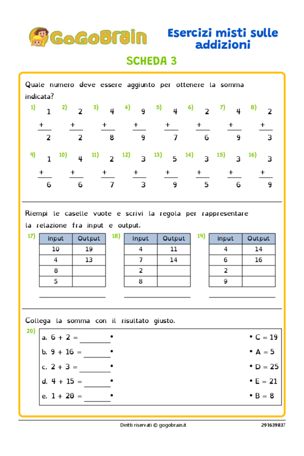 Esercizi misti sulle addizioni - Scheda 3