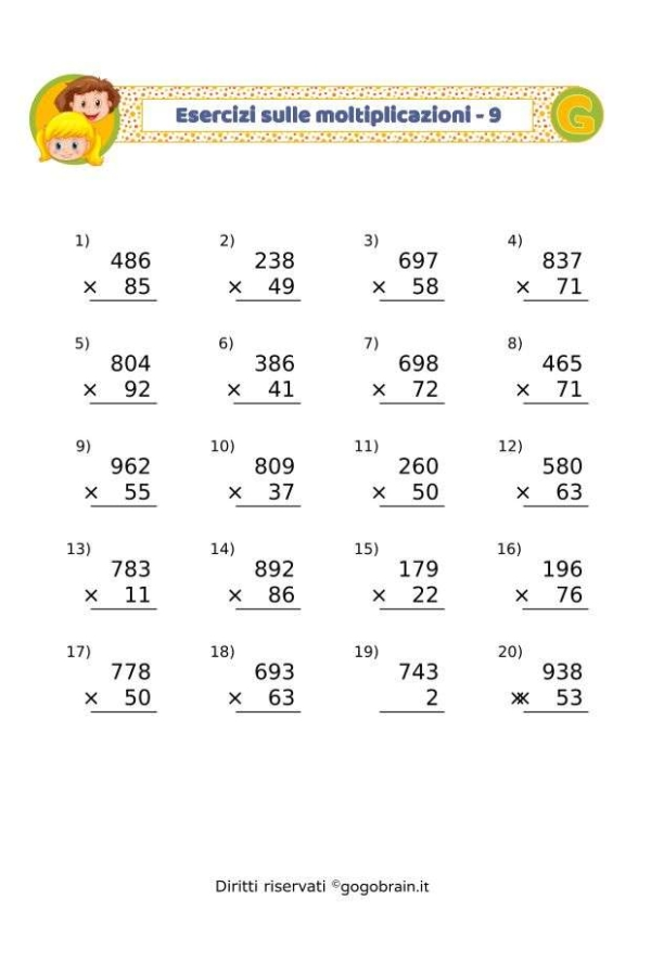 Esercizi sulle moltiplicazioni - Scheda 9