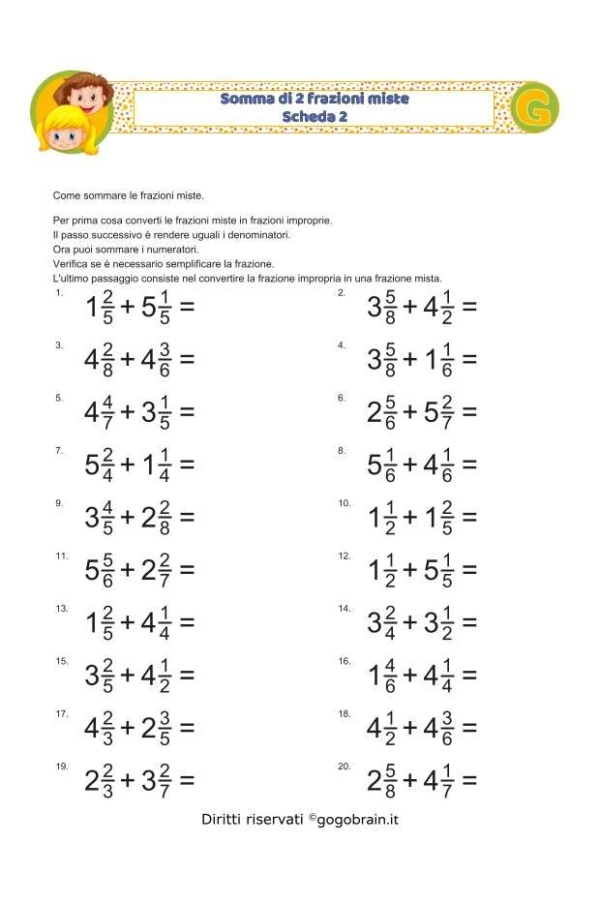 Somma di 2 frazioni miste - Scheda 2
