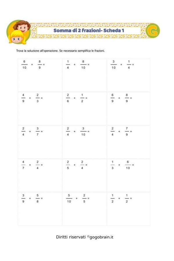 Somma di 2 frazioni - Scheda 1