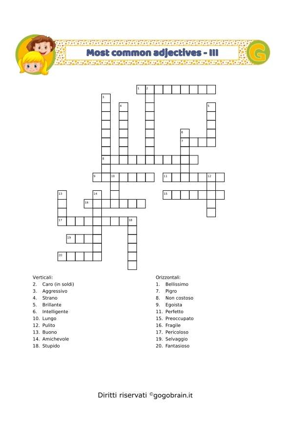 Cruciverba dei più comuni aggetivi in inglese - Scheda III