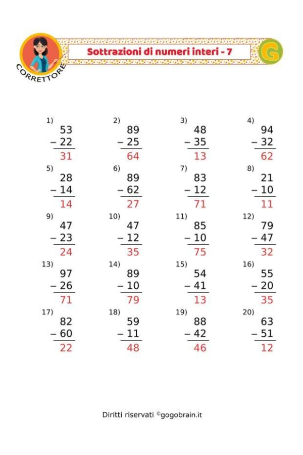 Esercizi sulle sottrazioni - Scheda 7