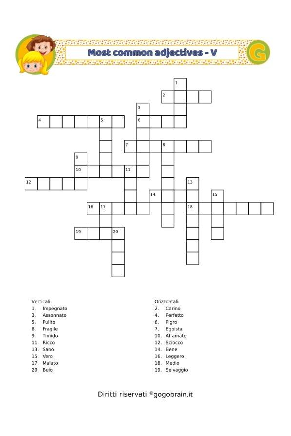 Cruciverba dei più comuni aggettivi in inglese - Scheda V