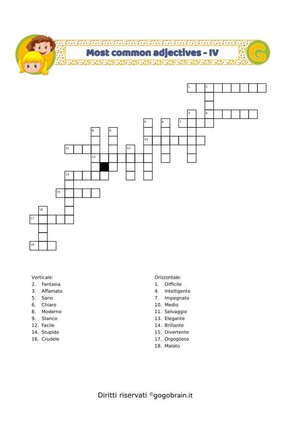 Cruciverba dei più comuni aggettivi in inglese - Scheda IV