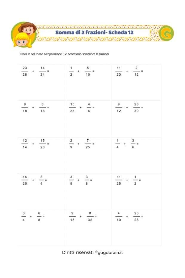Somma di 2 frazioni - Scheda 12