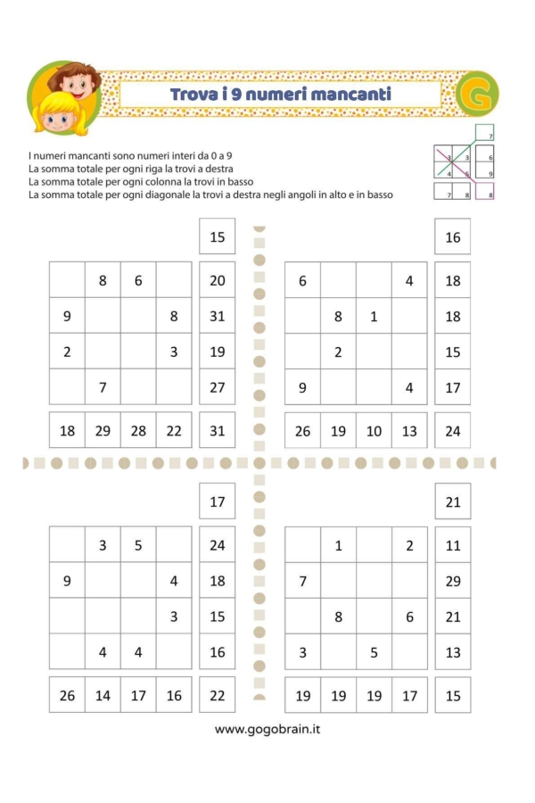Trova i 9 numeri per fare la somma giusta - Scheda 4