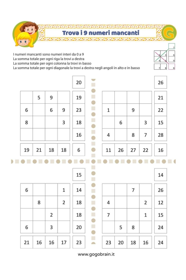 Trova i 9 numeri per fare la somma giusta - Scheda 2