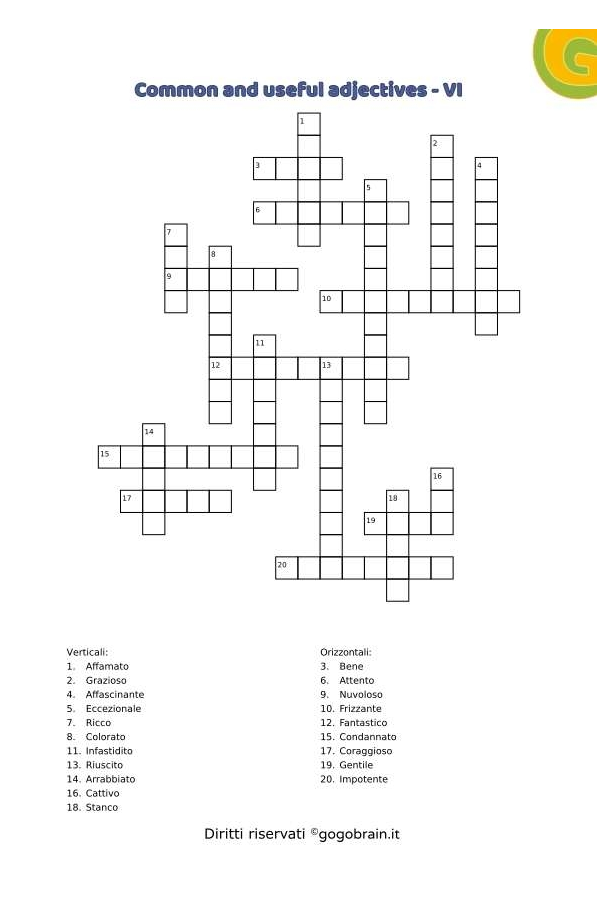 Cruciverba degli aggettivi più usati in inglese - Scheda VI