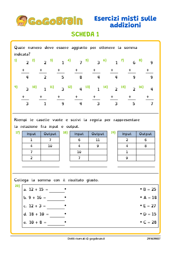 Esercizi misti sulle addizioni - Scheda 1