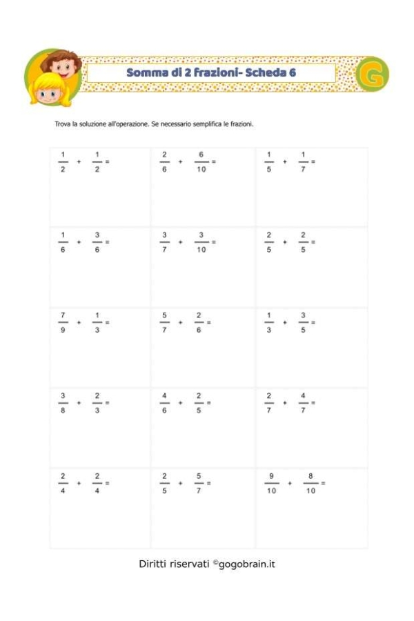 Somma di 2 frazioni - Scheda 6