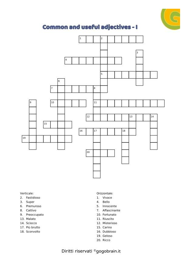 Cruciverba dei più usati aggettivi in inglese - Scheda I