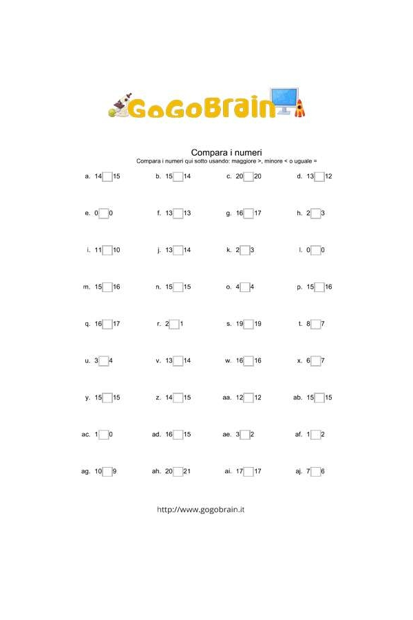Scheda di esercitazione maggiore, minore o uguale - Scheda 2