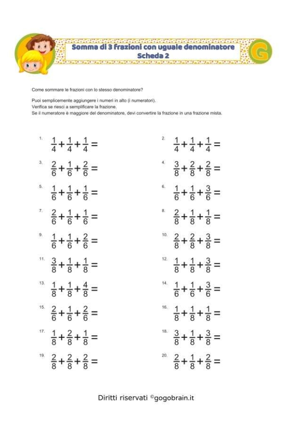 Somma di 3 frazioni con denominatore uguale - Scheda 2