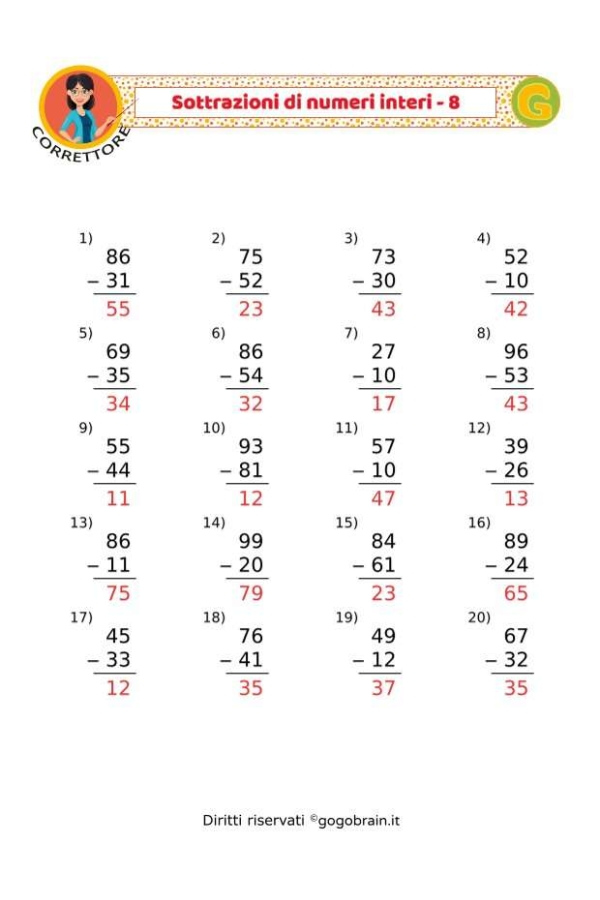 Esercizi sulle sottrazioni - Scheda 8