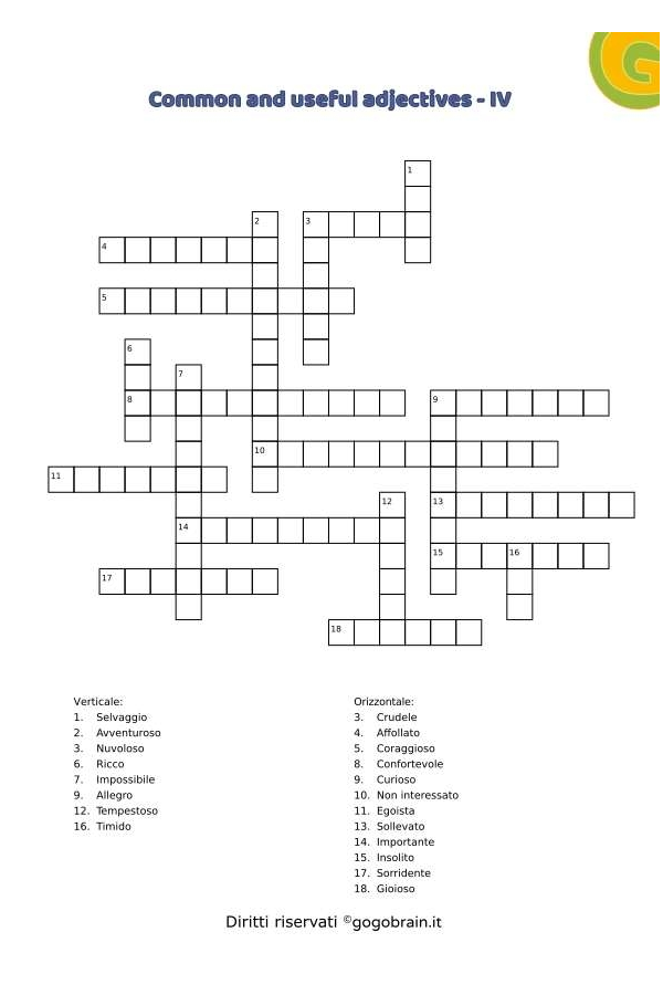 Cruciverba degli aggettivi più usati in inglese - Scheda IV