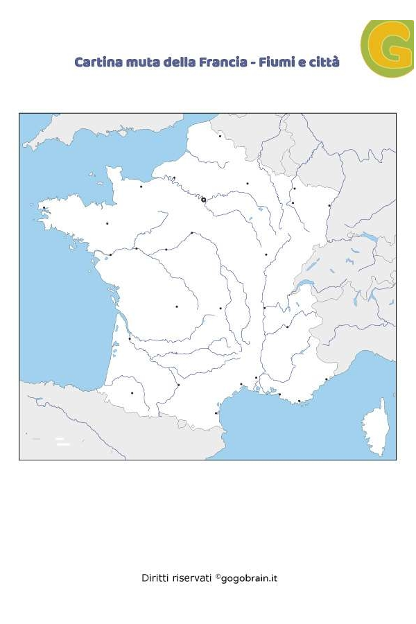 Cartina muta della Francia con fiumi e città
