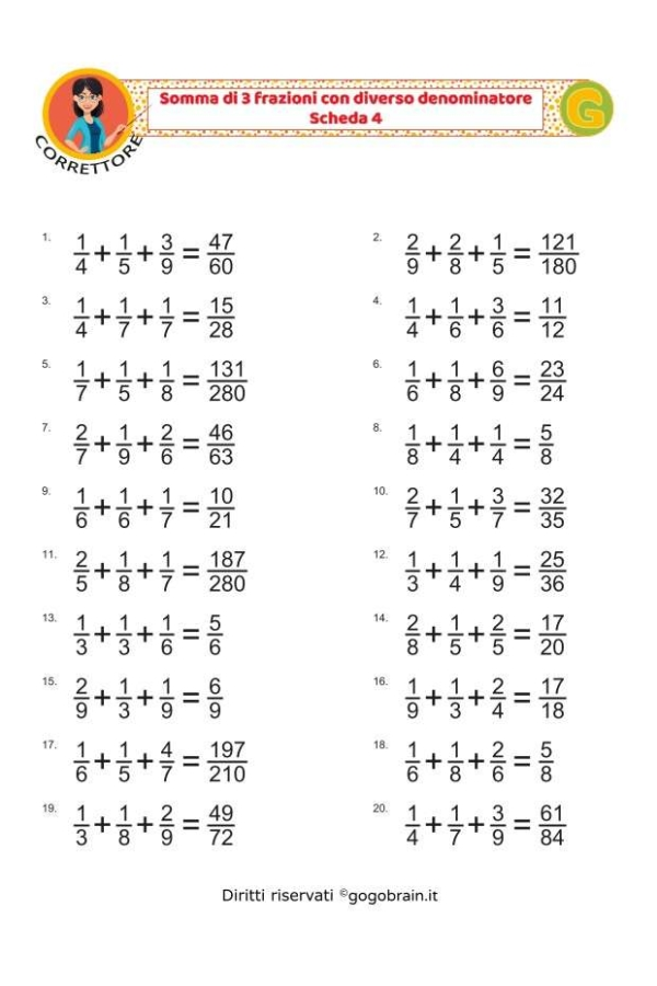 Somma di 3 frazioni con denominatore diverso - Scheda 4