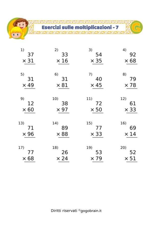 Esercizi sulle moltiplicazioni - Scheda 7