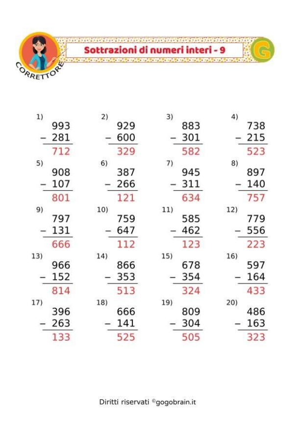 Esercizi sulle sottrazioni - Scheda 9
