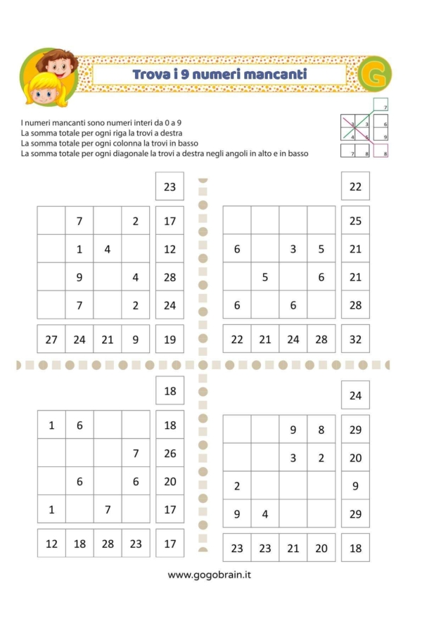 Trova i 9 numeri per fare la somma giusta - Scheda 3