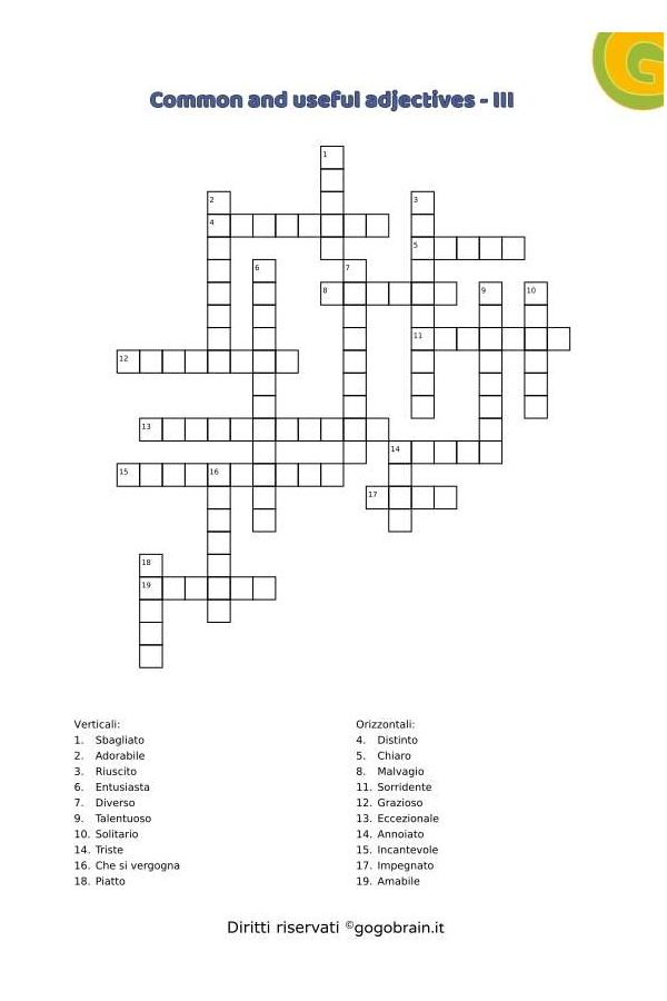 Cruciverba degli aggettivi più usati in inglese - Scheda III