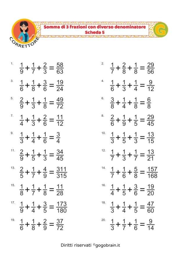 Somma di 3 frazioni con denominatore diverso - Scheda 5