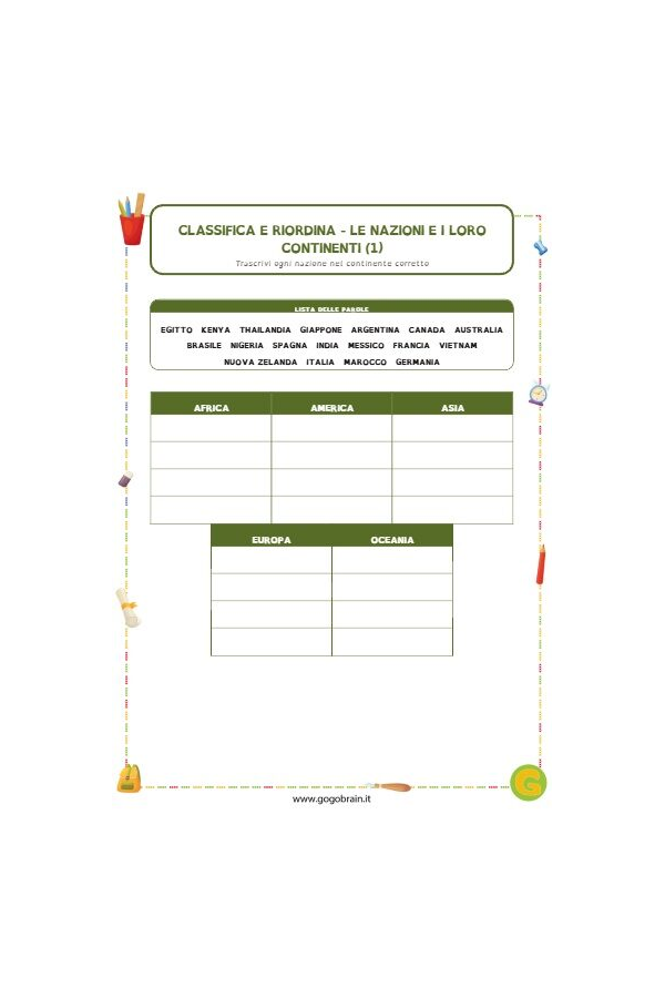 Classifica e riordina - Nazioni e continenti (1)