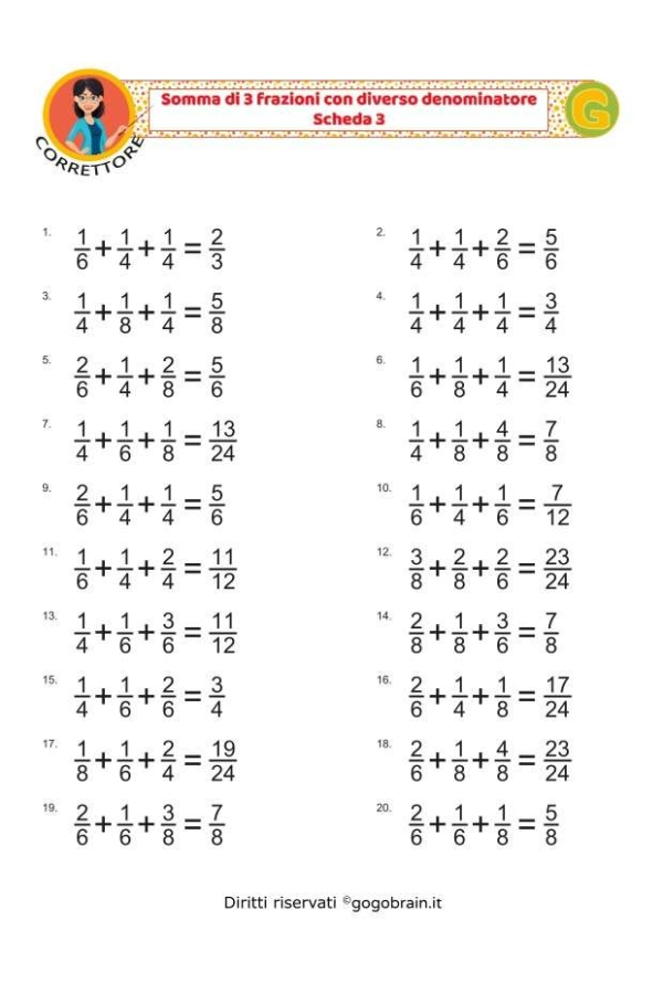 Somma di 3 frazioni con denominatore diverso - Scheda 3
