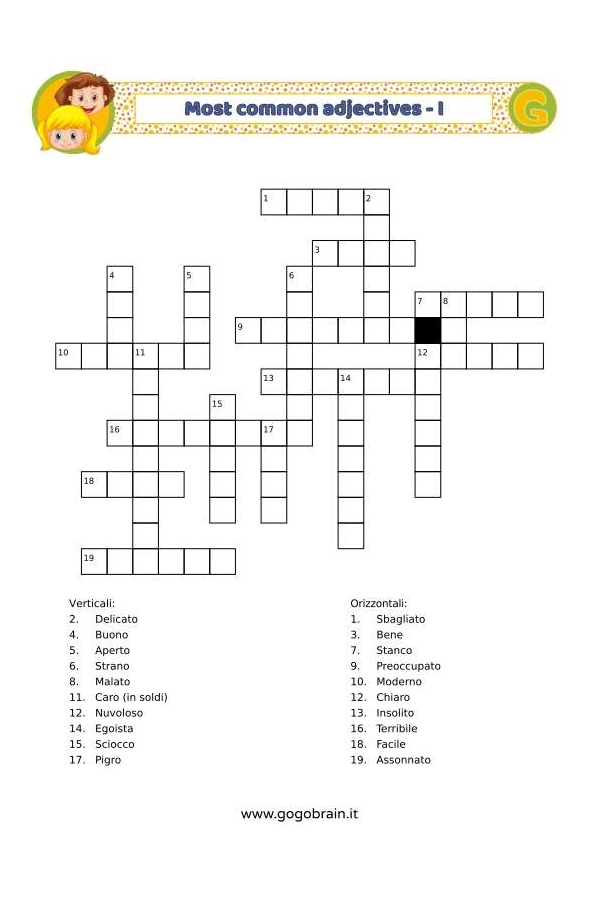 Cruciverba dei più comuni aggetivi in inglese - Scheda I