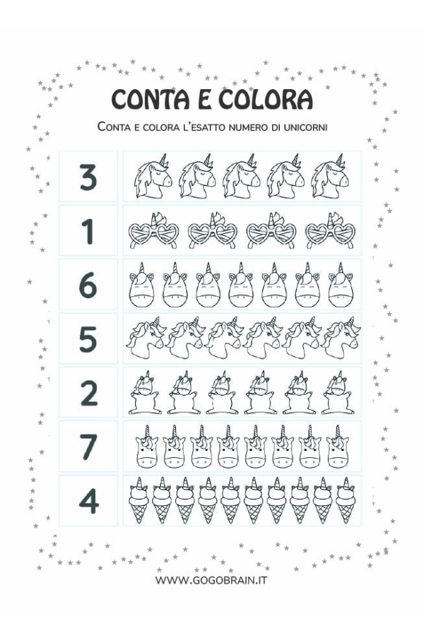 Conta e colora gli unicorni