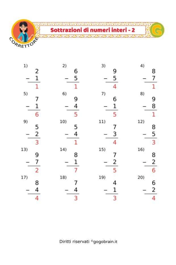 Esercizi sulle sottrazioni - Scheda 2