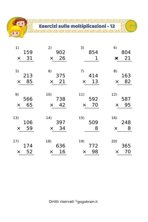Esercizi sulle moltiplicazioni - Scheda 12
