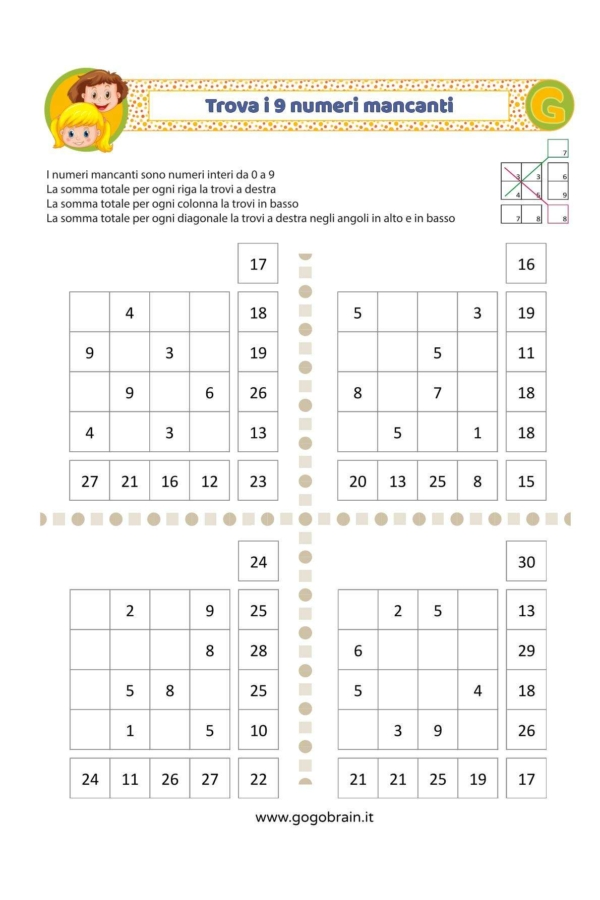 Trova i 9 numeri per fare la somma giusta - Scheda 1