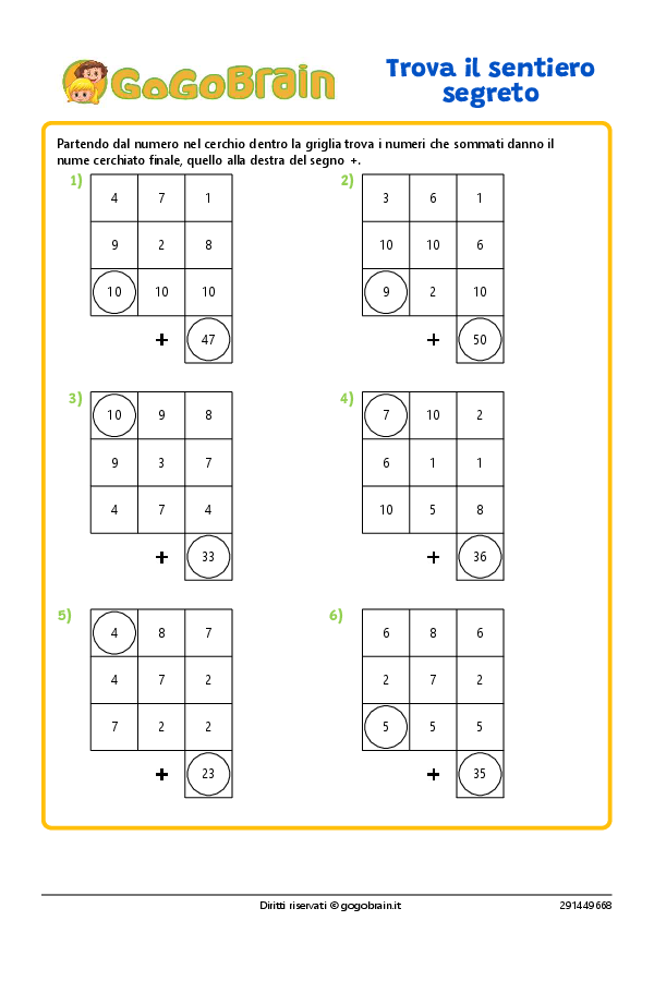 Esercizi sulle addizioni - Trova il sentiero segreto