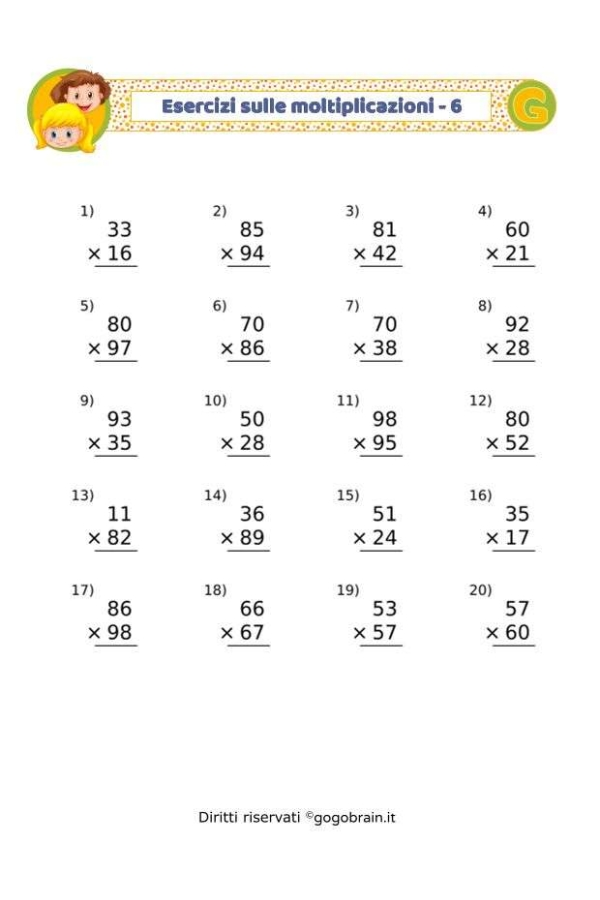 Esercizi sulle moltiplicazioni - Scheda 6