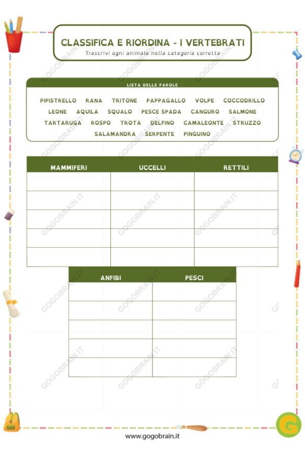 Classifica e riordina - I vertebrati